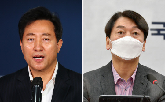 오세훈 국민의힘 서울시장 후보(왼쪽)와 안철수 국민의당 서울시장 후보. 연합뉴스
